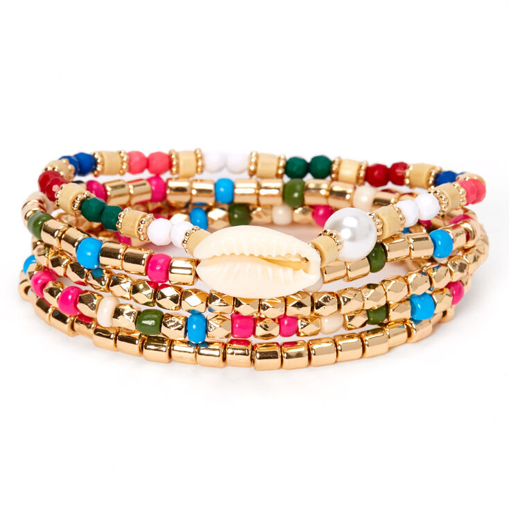 Bracelets &eacute;lastiques perl&eacute;s arc-en-ciel coquillages cauris couleur dor&eacute;e - Lot de 5,