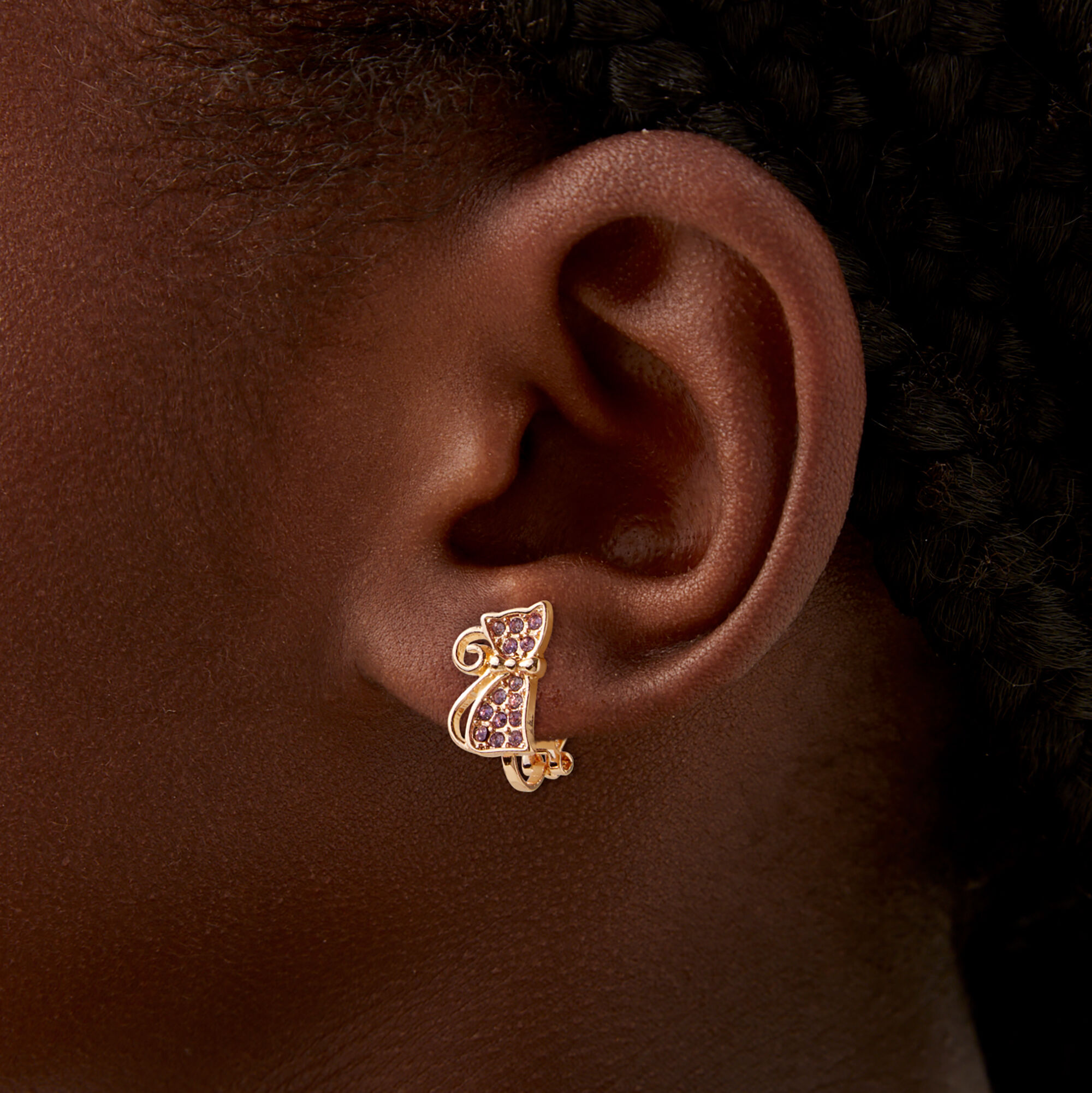 Boucles d'oreilles à clip chat avec strass,