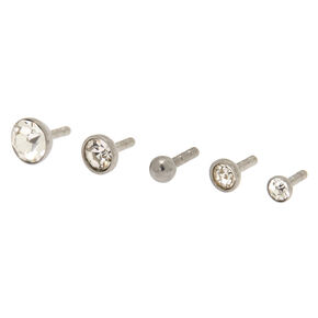 Clous arri&egrave;re plat pour piercing labret avec strass et diff&eacute;rents tops 1,2&nbsp;mm couleur argent&eacute;e - Lot de 5,