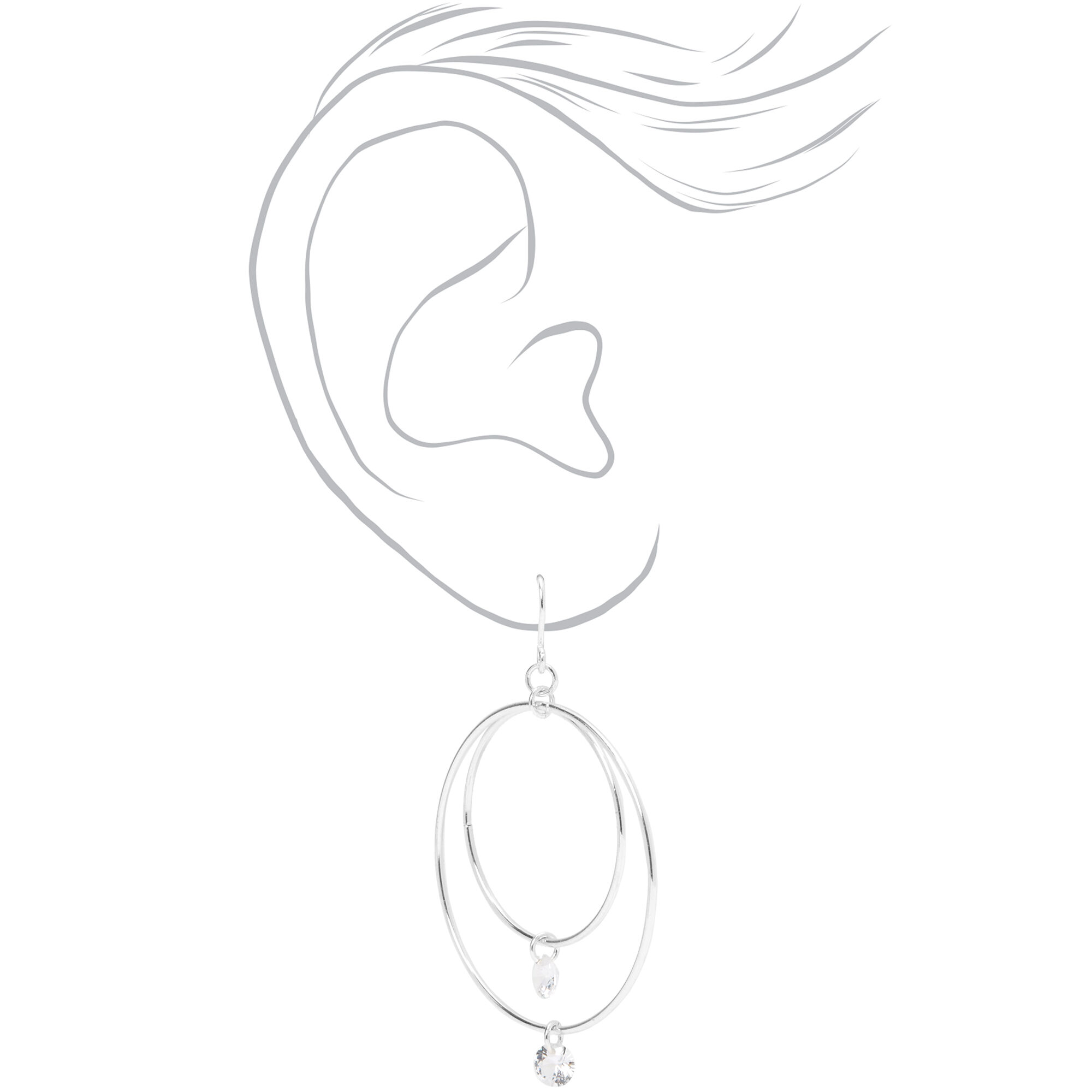 Silver 2" Cubic Zirconia Double Circle Drop Earrings,
