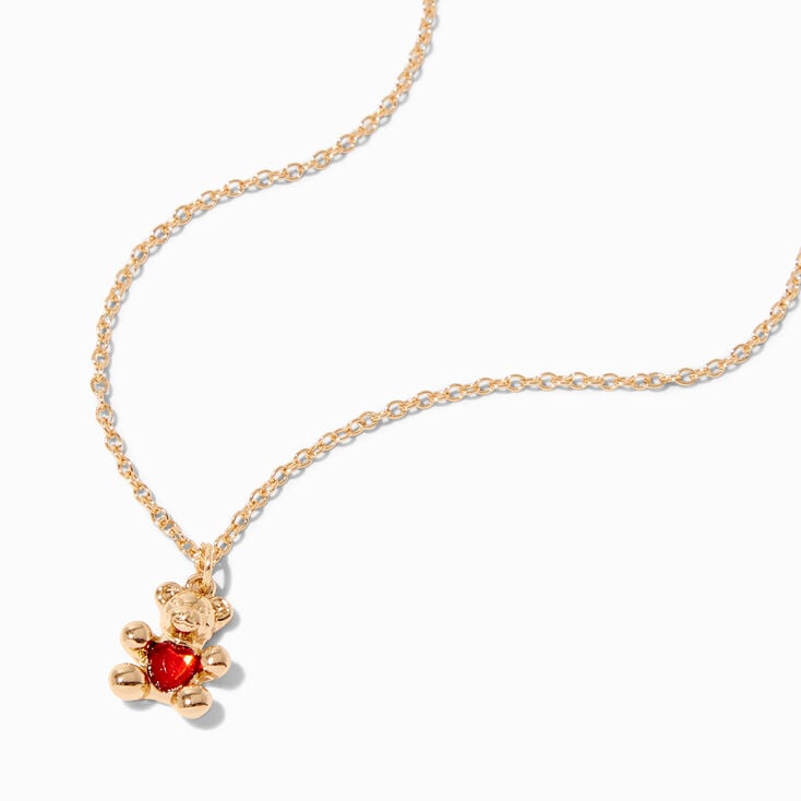 Gold July Birthstone Teddy Bear Pendant Necklace,