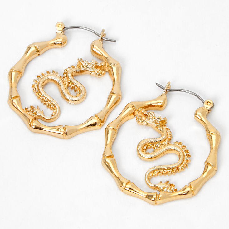 Gold 30MM Dragon Bamboo Hoop Earrings,