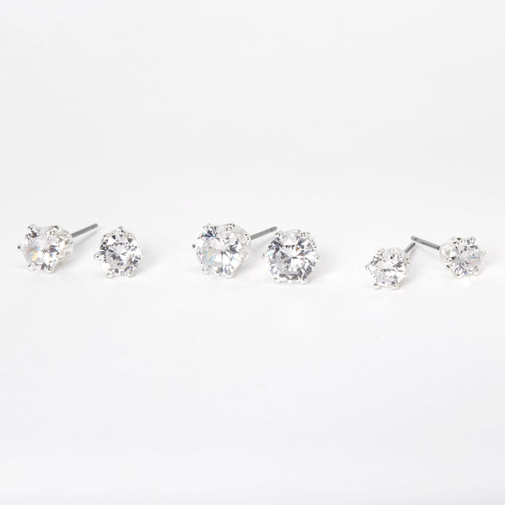 Silver-tone Cubic Zirconia 5MM 6MM 7MM Round Stud Earrings,