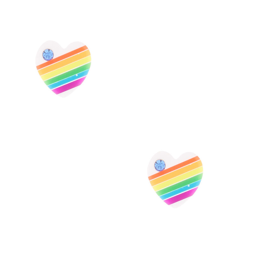 Sterling Silver Rainbow Heart Stud Earrings - White,