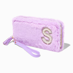 Lavender Furry Pearl Initial Wristlet Wallet - S,