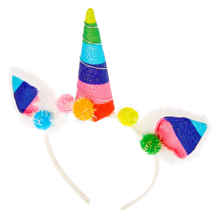 Claire's Serre-tête pompon licorne arc-en-ciel - Blanc