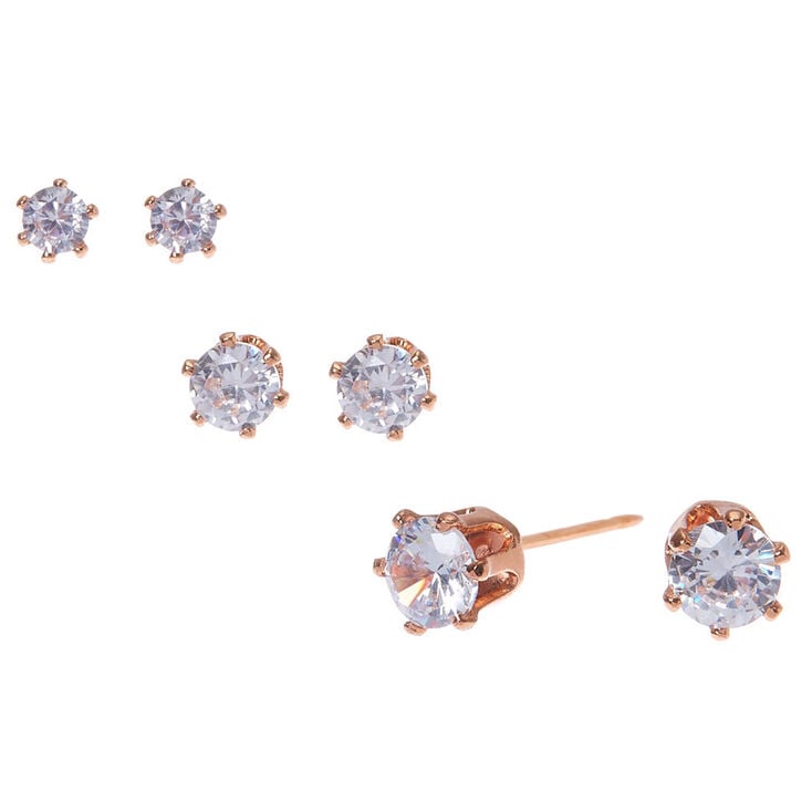 Rose Gold Plated Cubic Zirconia Round Stud Earrings - 3MM, 4MM, 5MM,