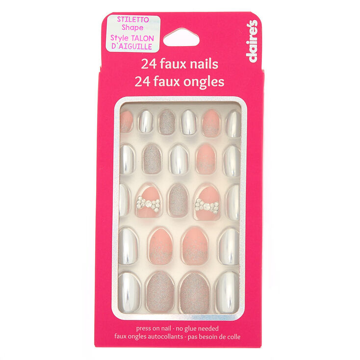 Glitter Bow Stiletto Press On Faux Nail Set - Silver, 24 Pack,