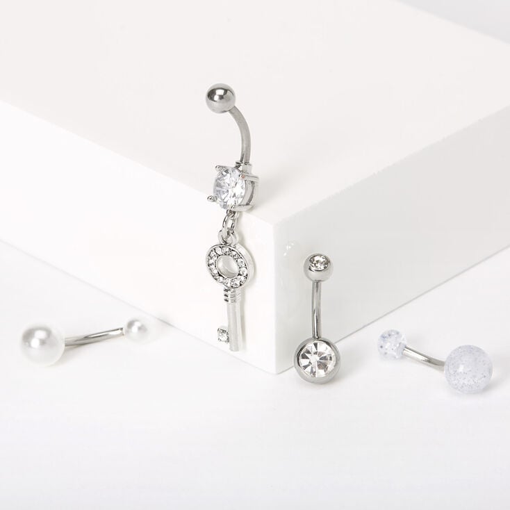 Silver 14G Embellished Key Pearl Belly Rings - 4 Pack,