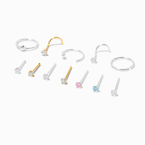 22G Mixed Metal Sterling Silver Cubic Zirconia Nose Studs &amp; Hoop - 12 Pack,