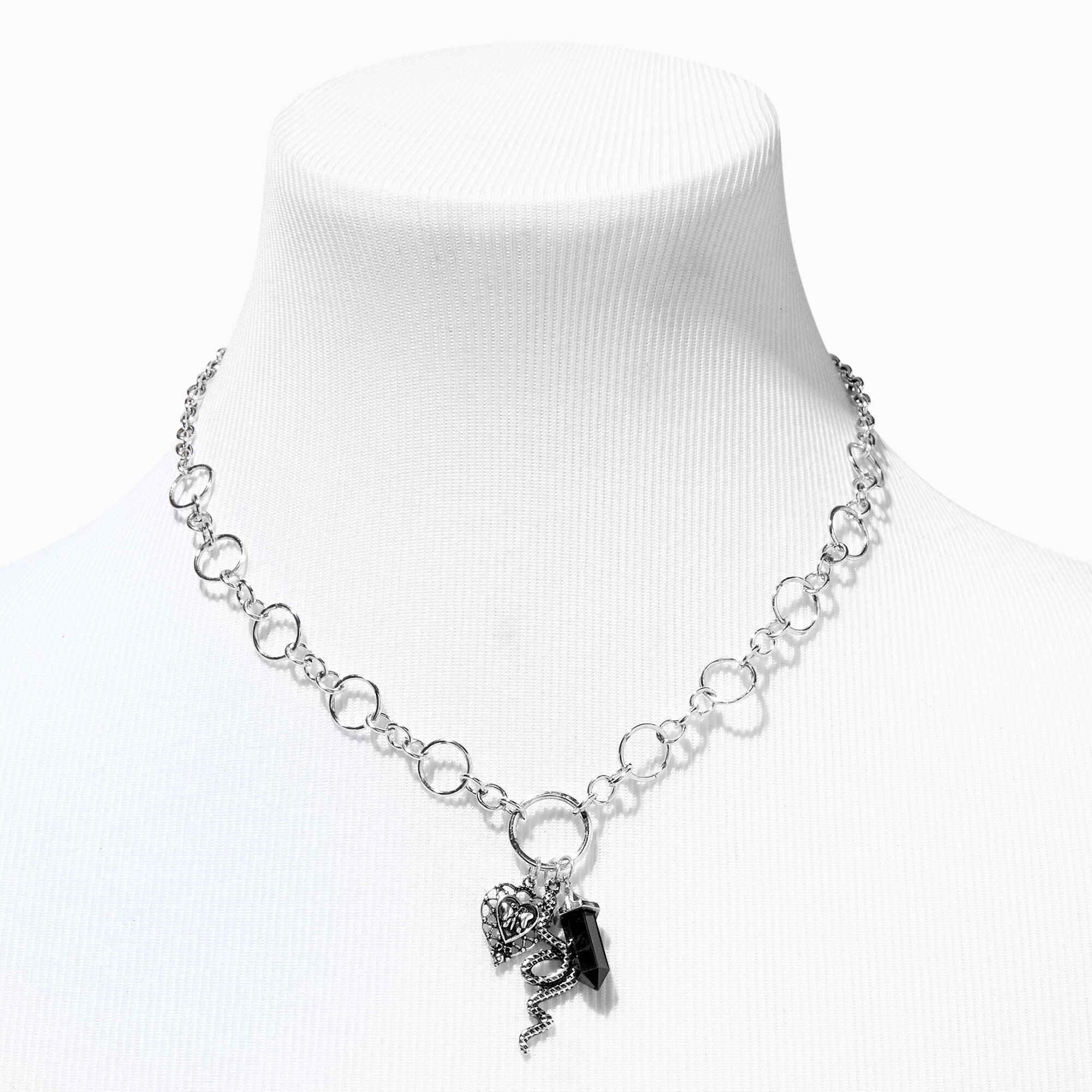 Burnished Silver O-Ring Snake Charm Pendant Necklace,