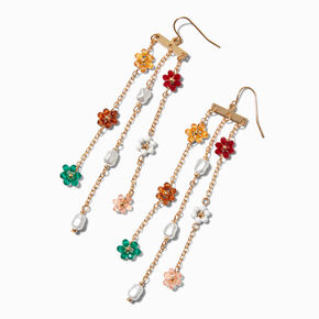 Beaded Flower &amp; Pearl Fringe 4&quot; Drop Earrings,