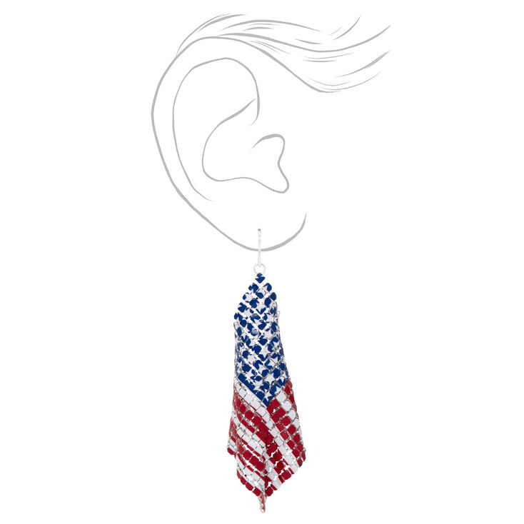 Patriotic Red, White, &amp; Blue Mesh Flag 3&quot; Drop Earrings,