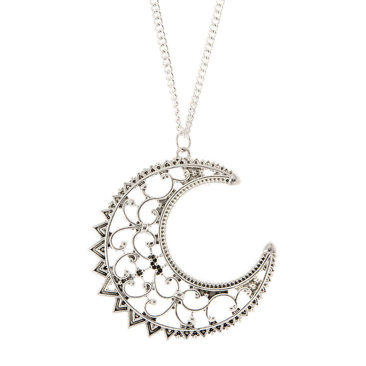 Antique Silver Large Filigree Crescent Moon Pendant Necklace Antique Silver Large Filigree Crescent Moon Pendant Necklace