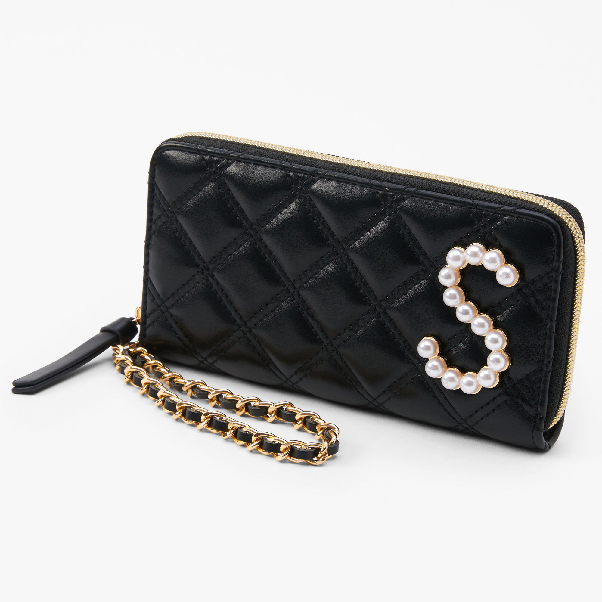 Claire's Pochette poignet à initiale avec perles d’imitation - Noir, S