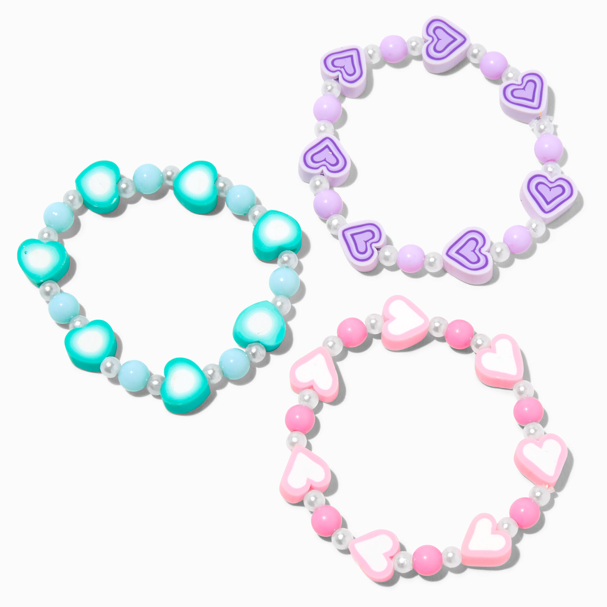 View Claires Club Pastel Heart Bead Stretch Bracelets 3 Pack Rainbow information