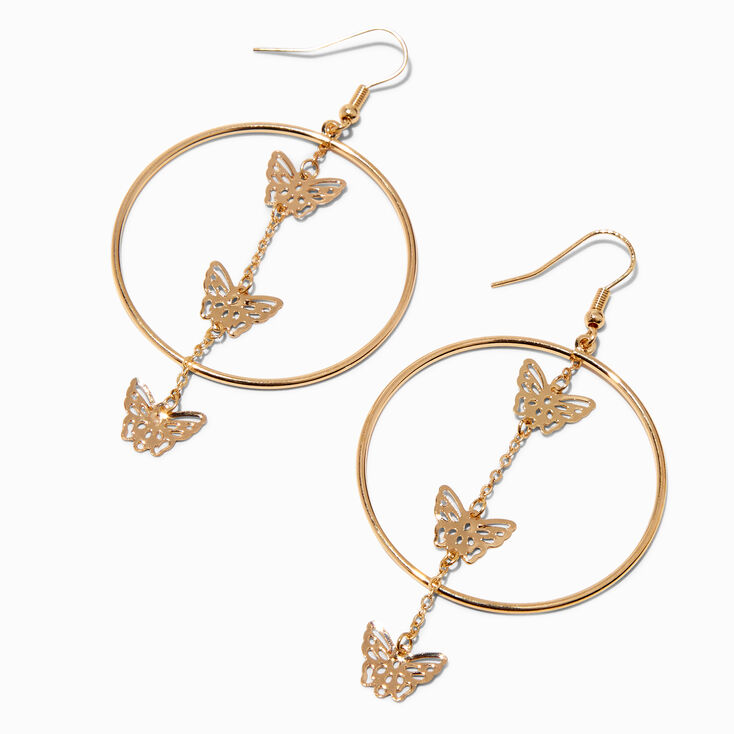 Gold 3&quot; Triple Butterfly Linear Drop Hoop Earrings,
