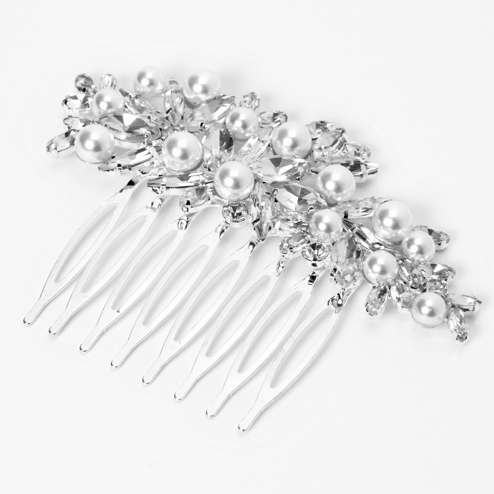 View Claires Tone Rhinestone Pearl Petal Hair Comb Silver information