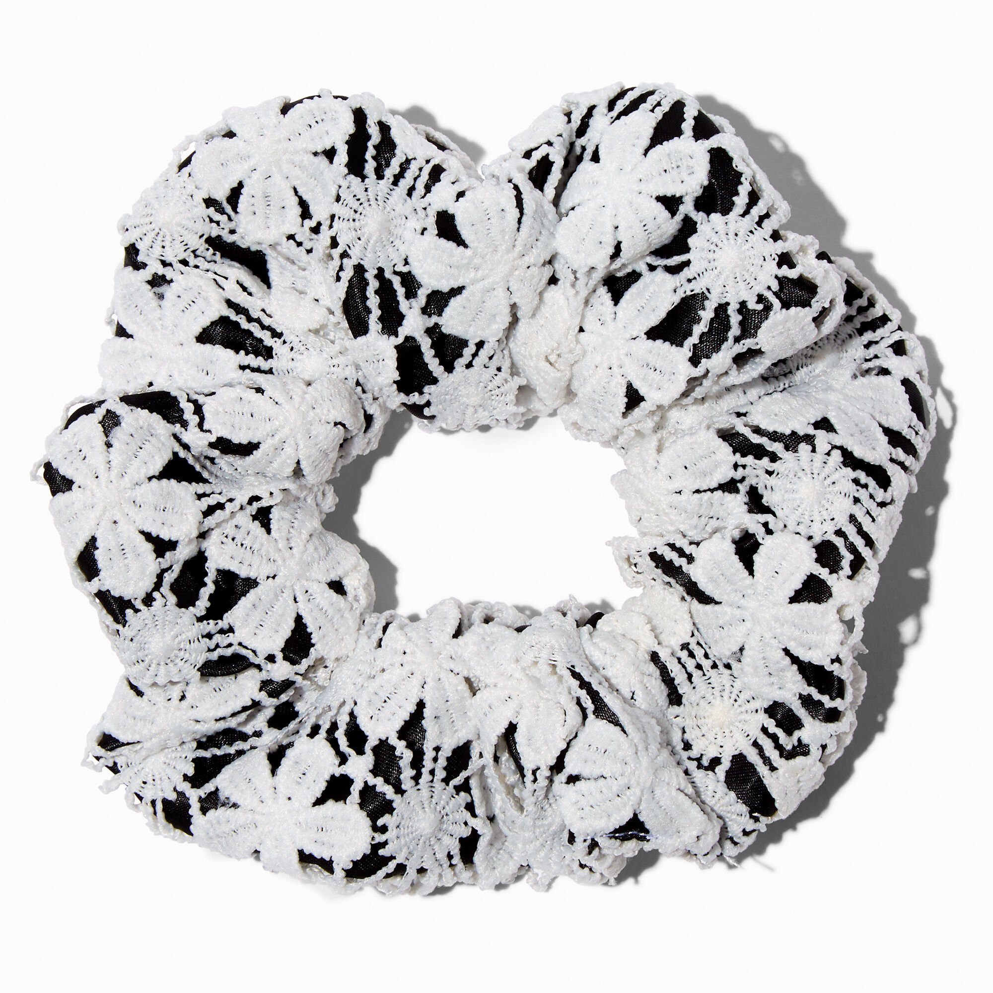 View Claires Black Floral Crochet Medium Hair Scrunchie Bracelet White information