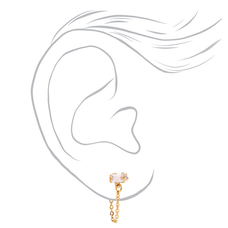 18k Gold Plated One Crystal Chain Stud Earring,