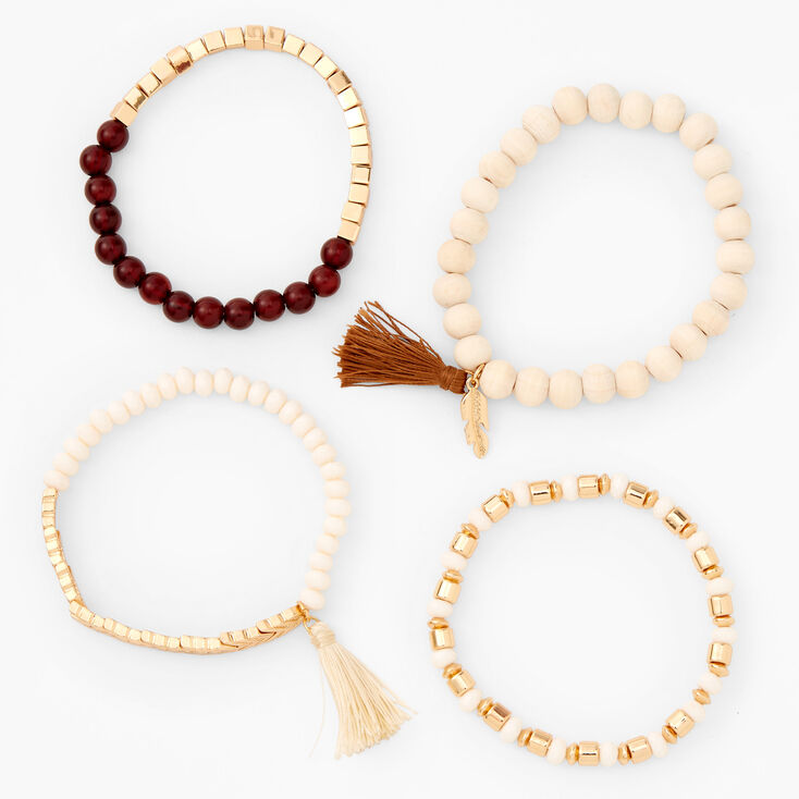 Bracelets &eacute;lastiques perl&eacute;s pompon marron et ivoire - Lot de 4,
