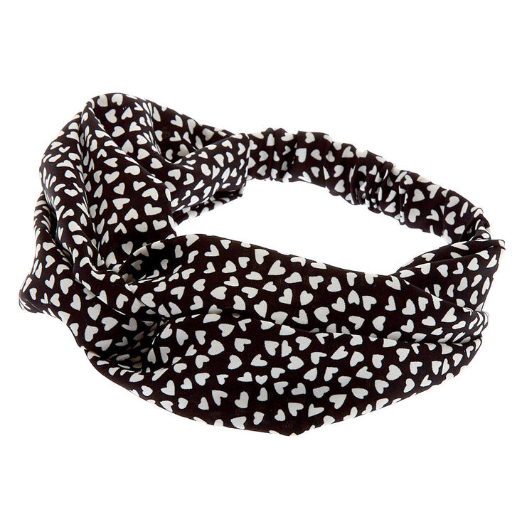 Bandeau torsad&eacute; &agrave; motif pois et c&oelig;urs noir et blanc,