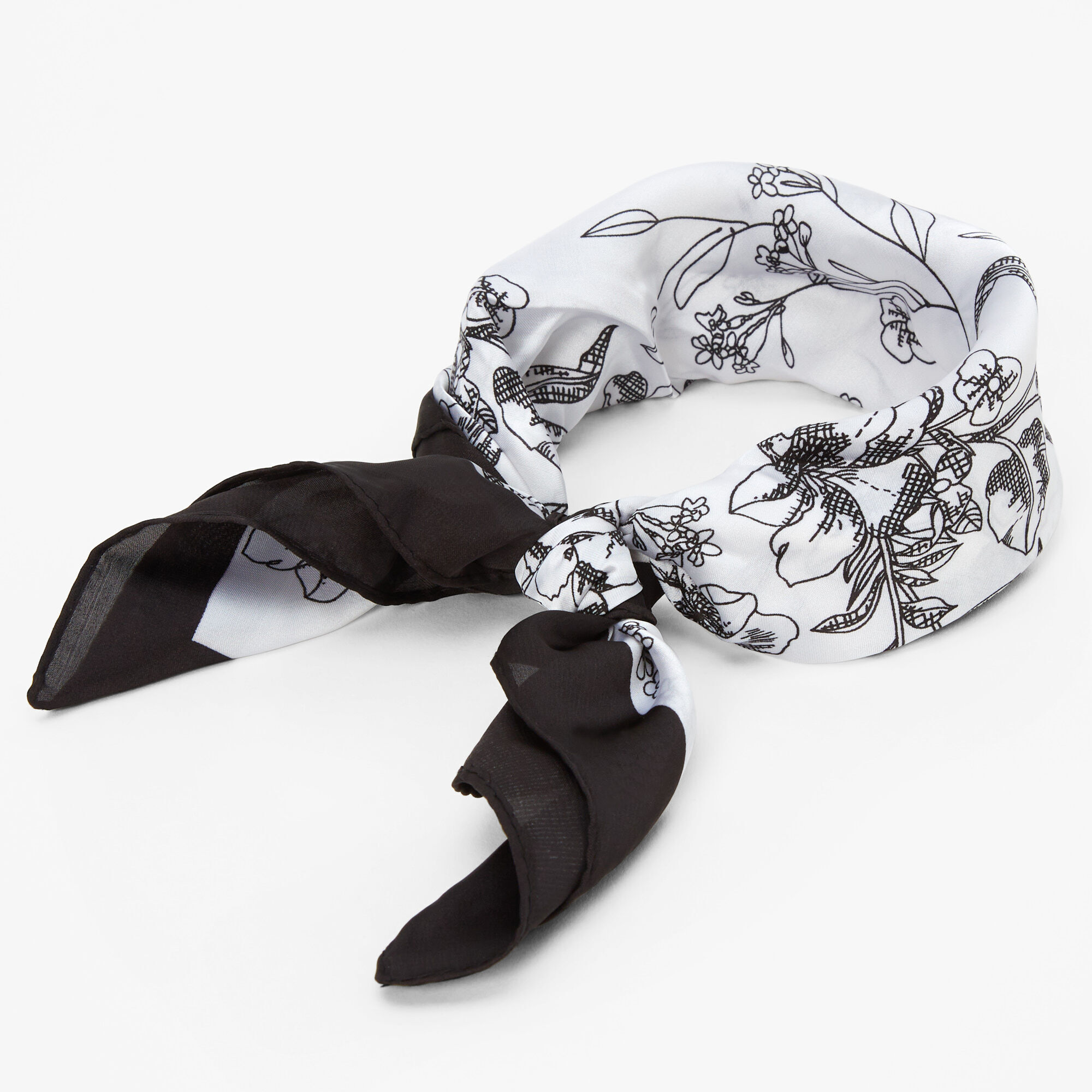 Black & White Floral Silky Bandana Headwrap,