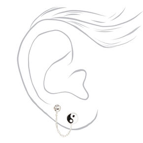 Sterling Silver Crystal Yin Yang Connector Chain Stud Earrings,