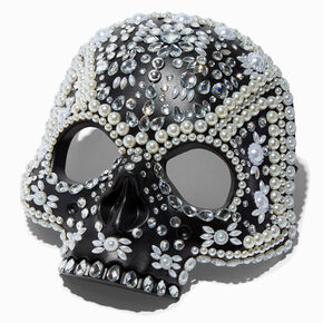 Embellished Gemstone &amp; Pearl Black Skull Mask,