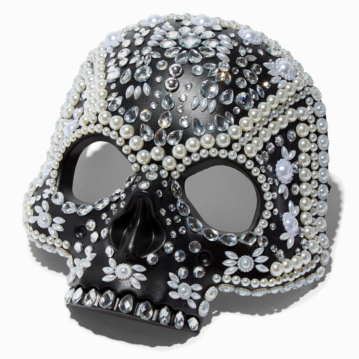Embellished Gemstone &amp; Pearl Black Skull Mask,