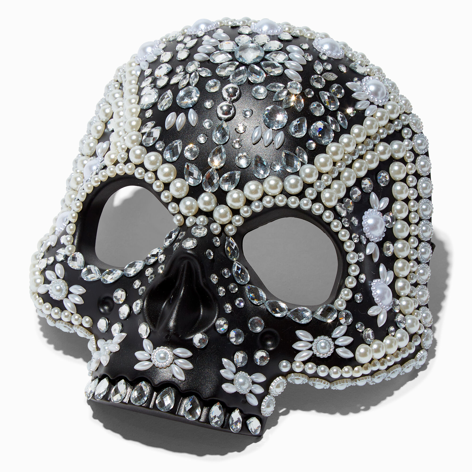 View Claires Embellished Gemstone Pearl Skull Mask Black information