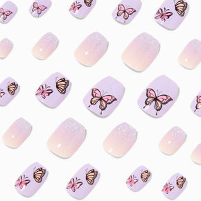 Purple Butterfly Coffin Press On Vegan Faux Nail Set - 24 Pack,