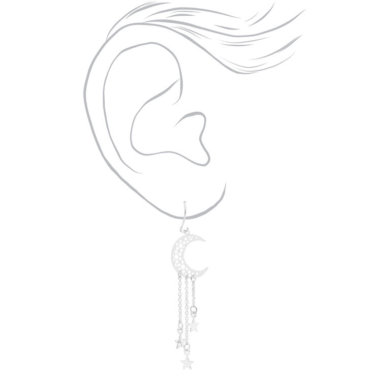 Silver 2&quot; Moon Star Drop Earrings,