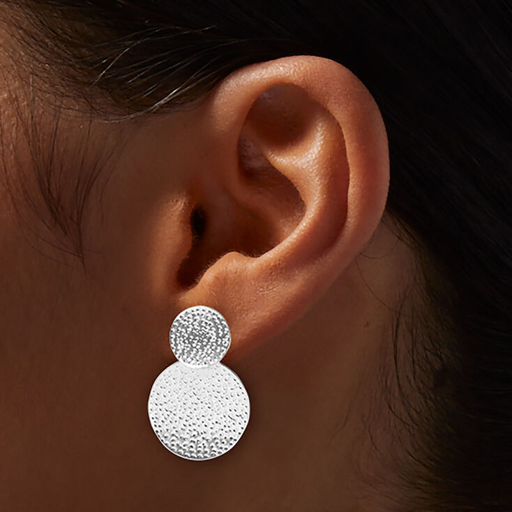 Silver-tone Textured Double Disc 2&quot; Clip-On Drop Earrings,