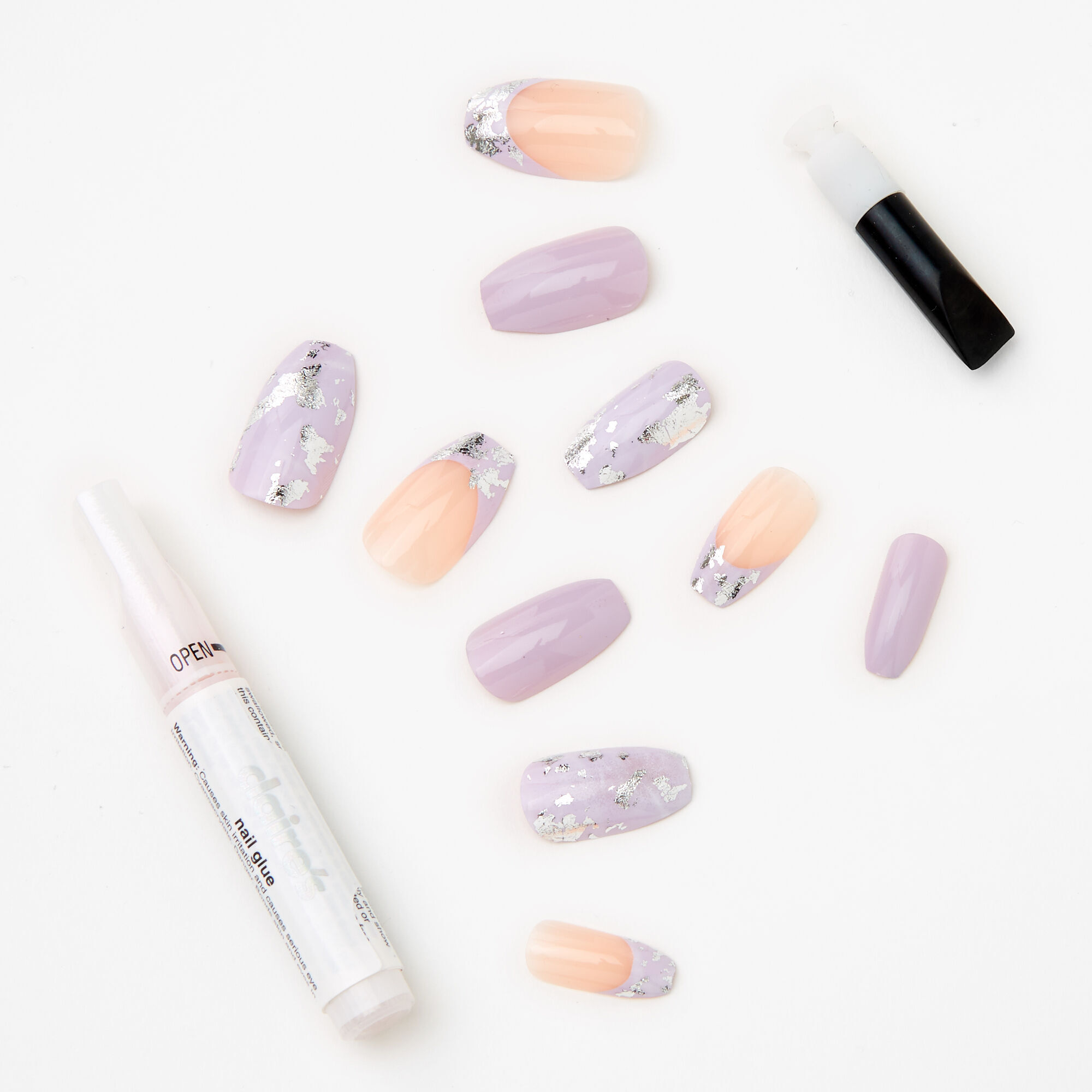 Lilac Marble Foil Coffin Faux Nail Set - 24 Pack,