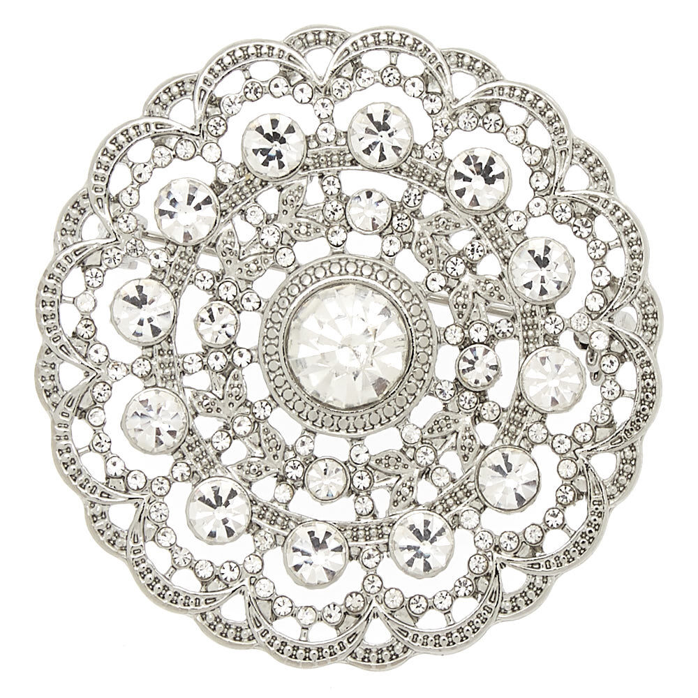 Silver Rhinestone Medallion Brooch