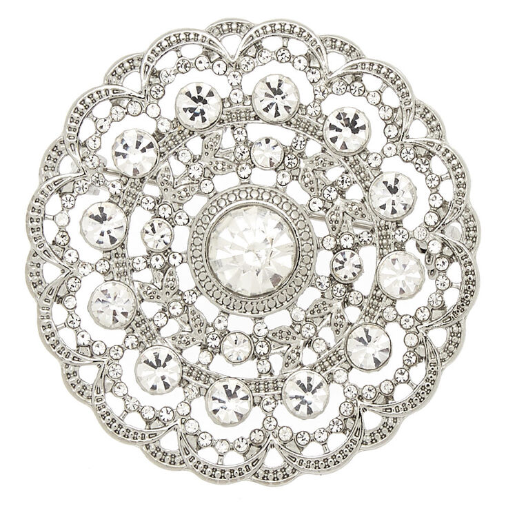 Broche m&eacute;daillon avec strass couleur argent&eacute;,