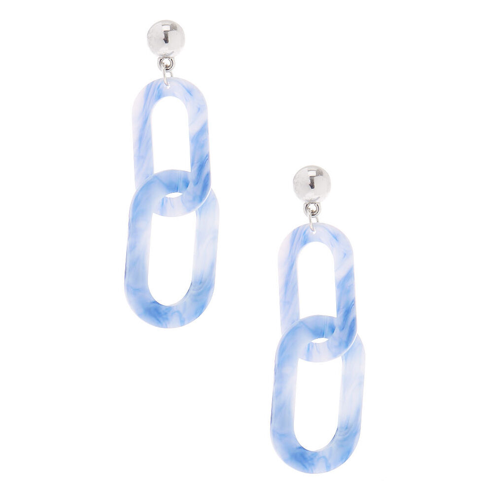 Silver 2.5" Oval Chain Link Resin Drop Earrings - Blue,