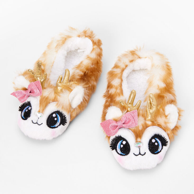 Brown Reindeer Plush Youth Slippers - S/M,