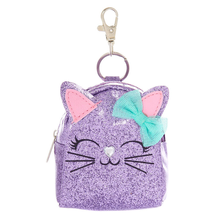 Claire's Porte-clés mini sac à dos motif chat à paillettes violettes métallisées