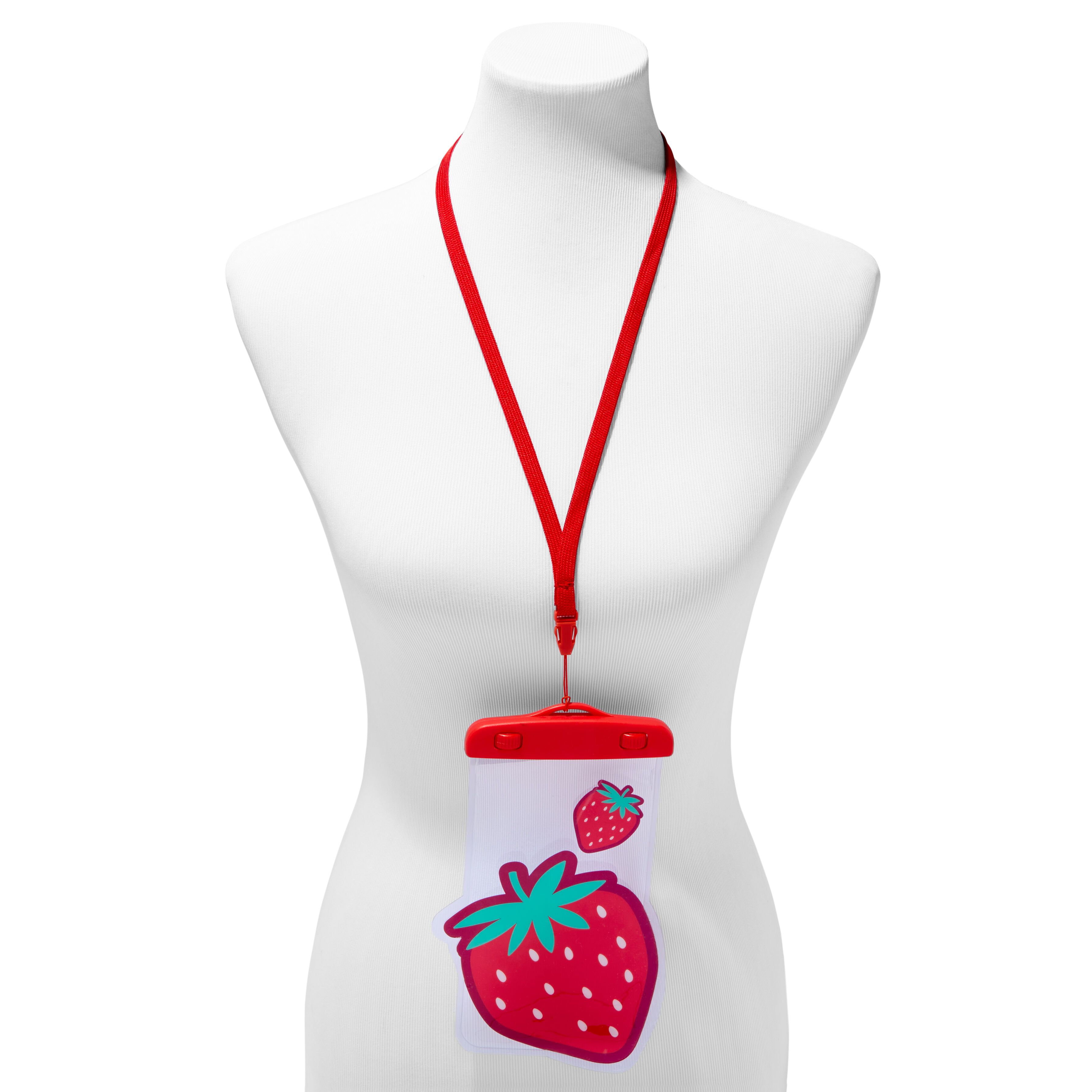 Red Strawberry Print Water Resistant Clear Phone Pouch With Lanyard,