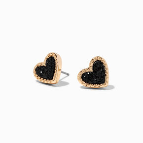 Black Druzy Gold-tone Heart Stud Earrings,