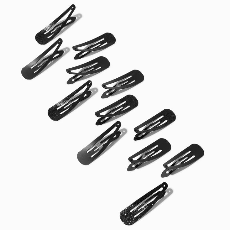 Glitter &amp; Matte Black Snap Hair Clips - 12 Pack,