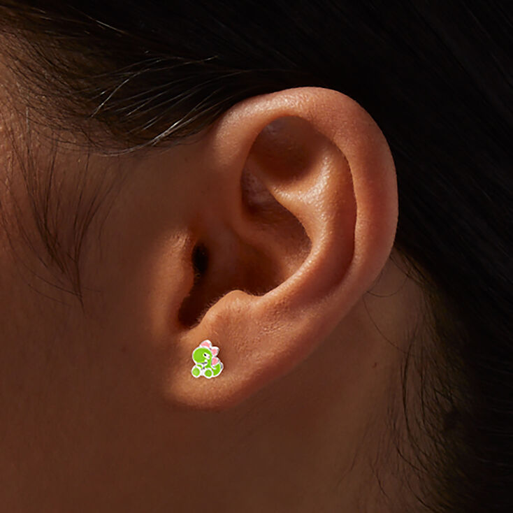 Sterling Silver Green Dinosaur Stud Earrings,
