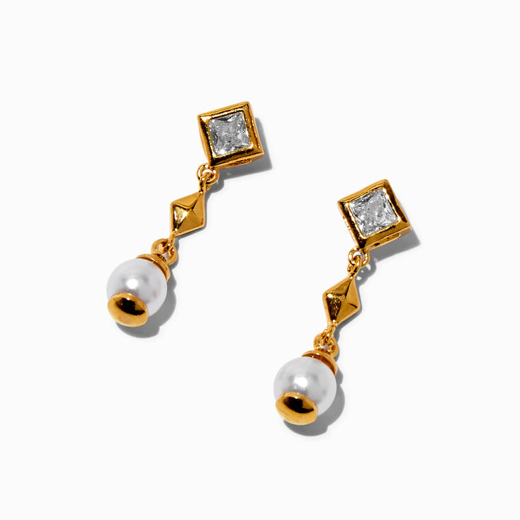 C LUXE by Claire&#39;s 18kt Gold Plated Cubic Zirconia Square &amp; Pearl Micro Drop Earrings,