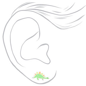 Silver Dinosaur Stud Earrings - Green,