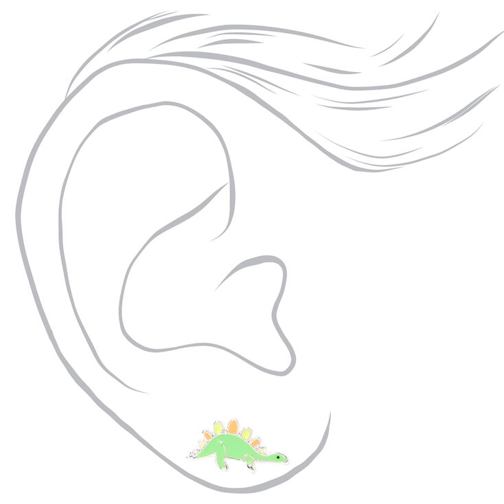 Silver Dinosaur Stud Earrings - Green,