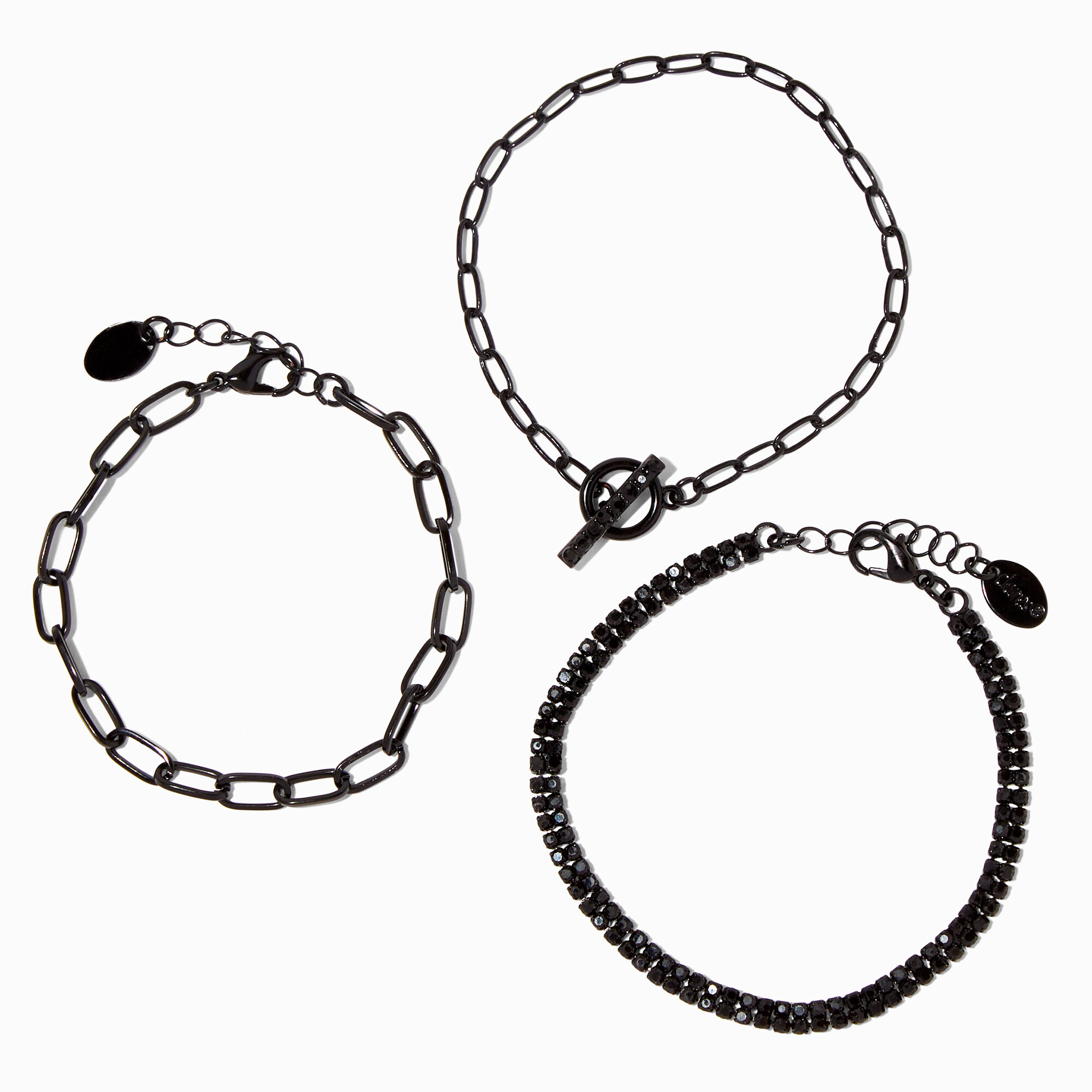 Black Toggle Chainlink & Rhinestone Bracelets - 3 Pack,