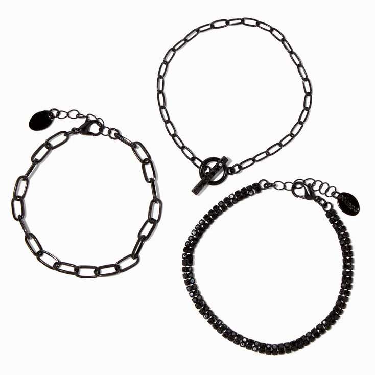 Black Toggle Chainlink &amp; Rhinestone Bracelets - 3 Pack,