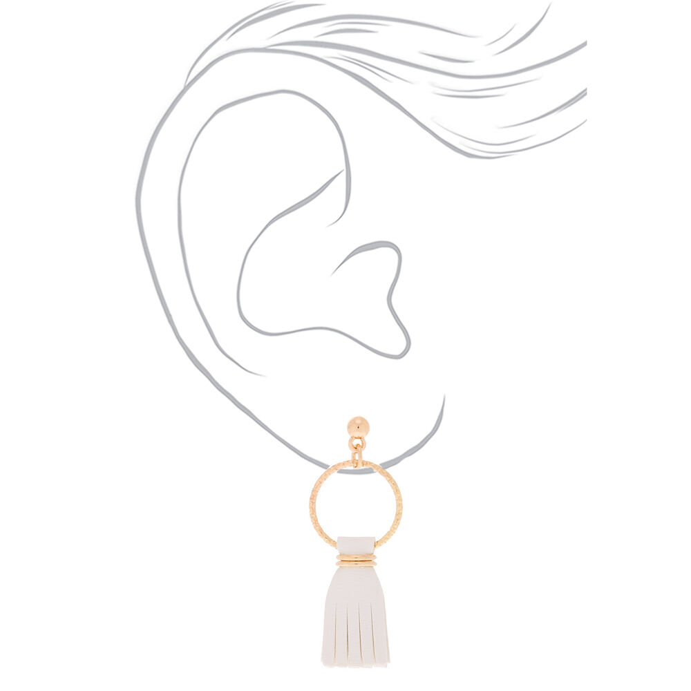 Gold 1.5" Leather Tassel Drop Earrings - White,